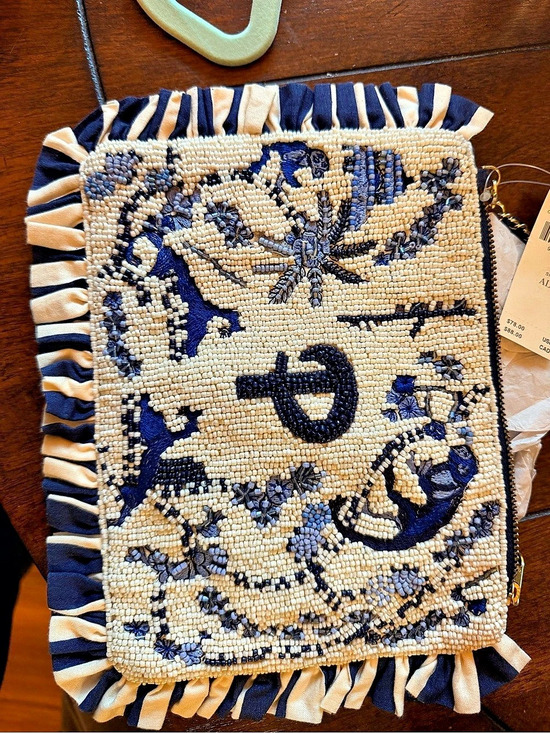 Anthropologie Handbags - Anthropologie Beaded Monogram Clutch letter P  Striped Wristlet in Blue & Cream